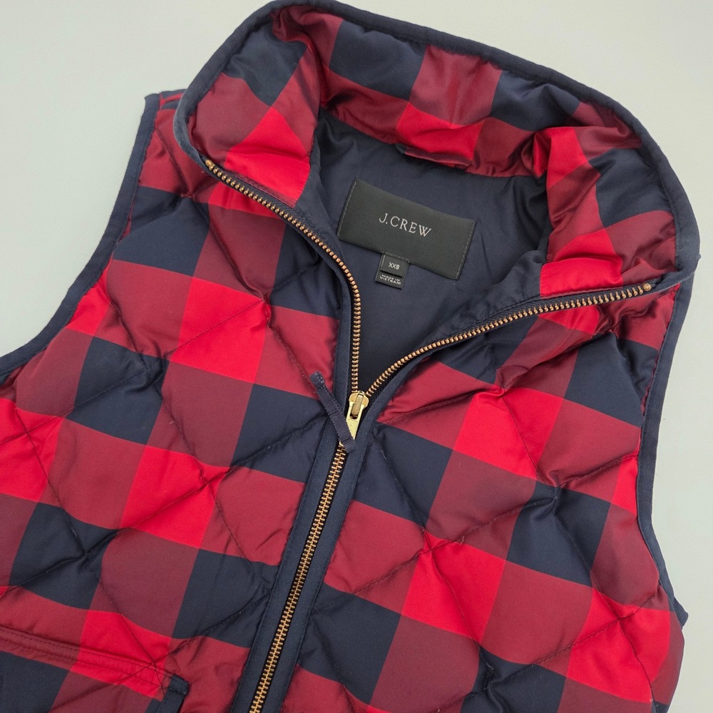 J. Crew Quilted Down Puffer Vest Red Navy Plaid Buffalo Check Women's XXS